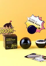 Packaging of GSLEY Bubble Bomb Pack which is a black spherical container with product details in white and red text, presented alongside its box which has similar color scheme and branding.