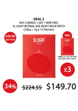 Advertisement for SLIGHT retinal age-reset neck patches with a buy two get one free deal on a white background.