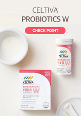 Celtiva Probiotics W supplement packaging and product presentation on a light cream background, featuring a white powder bowl, a bottle, and a box with pink and white labeling and Korean text.