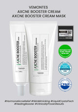 Vemontes Axcne Booster Cream and Mask on a gray background with product details and certifications.