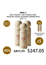 Advertisement for Jakyoung Peaona Blooming Feminine Wash with pricing and deal information.