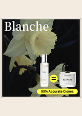 Two perfume bottles with 'Blanche' branding and a flower in the background.