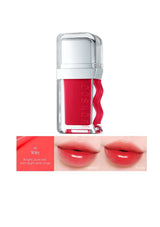 Lipstick with a clear casing on a white background, showing a close-up of lips wearing the lipstick.