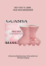 A heart-shaped pink Gua Sha massager with 18 protrusions, packaged in a box with the VELY VELY X JANS brand visible.