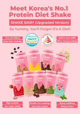 Promotional image of Shake Baby protein diet shake packages with text highlighting features and achievements.