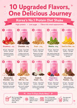 Promotional image of Shake Baby protein diet shake packages with product details on a pink background.