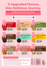 Product chart with various flavors of a meal replacement shake on a pink background