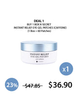 Packaging of K-Secret Instant Relief Eye Gel Patches with Caffeine. The box is predominantly white with a picture of the blue and pink gel patches used for the eyes, and text detailing the product name and key ingredient, Caffeine.