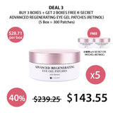 A box of K-SECRET Advanced Regenerating Eye Gel Patches with Retinol. The packaging is predominantly pink and white, with text and branding.