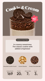 Product packaging for 'Cookie & Cream' flavor with ingredients and nutritional information.
