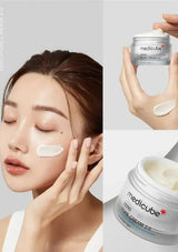 Collage of a woman applying cream to her face, holding a jar of Medicube Zero Pore Cream 2.0, and close-up of the cream.