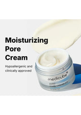 Jar of moisturizing pore cream with text highlighting its features on a white background