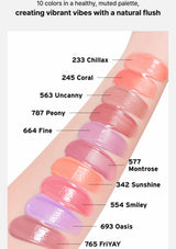 A cosmetic shade chart showing ten glossy lip color swatches applied diagonally on skin, with text labels naming each shade: 233 Chillax, 245 Coral, 563 Uncanny, 787 Peony, 664 Fine, 577 Montrose, 342 Sunshine, 554 Smiley, 693 Oasis, and 765 FriYAY.