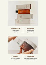 ACWELL original sustainable packaging graphic showing soy ink recycled paper PCR bottle and peel-off label
