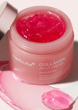Pink collagen jelly cream jar with visible brand name on a white background