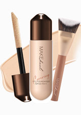 Makeup products including a foundation bottle, applicators, and brushes on a white background