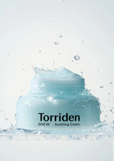 Torriden DIVE IN Soothing Cream jar with water droplets on a light blue background
