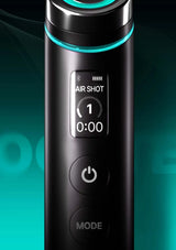 Black handheld device with digital display and buttons on a teal background