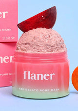 Pink gelato pore mask container with 'flaner' branding on a pink background