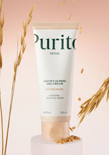Purito oat cream tube with oats on a pink background