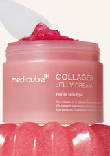 Pink jar of Medicube Collagen Jelly Cream with pink jelly on top
