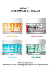 Four different variants of MEDIPEEL Drop Capsule Gel Creams, each in their own container with labels indicating their specific benefits such as Anti-Aging, Brightening, Soothing, and Hydration.