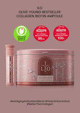 ILO Olive Young Collagen Biotin Ampoule packaging on a beige background with awards displayed.