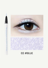 Eyeliner pen with an eye close-up and color swatch labeled '02 Blue' on a white background