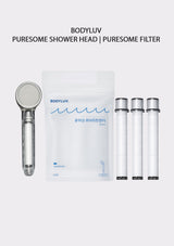 BODYLUV Puresome Shower Head and Puresome Filter kit on a light gray background, featuring a silver shower head, a white pouch, and three white filter cartridges.