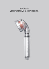 Bodyluv Vita Puresome Shower Head shown on a solid gray background with black text above reading 'BODYLUV VITA PURESOME SHOWER HEAD'. The shower head is transparent with a silver-toned head and a red illuminated ring around the spray head.