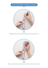 BODYLUV two-step shower-head refit instructions with complete captions and larger installation photographs.