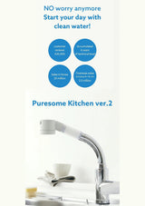 Promotional graphic for Puresome Kitchen ver.2 faucet, featuring a chrome gooseneck faucet with a white filter cartridge.