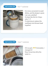 A screenshot showing two customer reviews for a white cylindrical water filter or faucet component. The top review is from 'GU** customer' and shows the filter installed on a silver faucet in a sink.