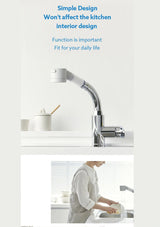 A promotional graphic for a modern kitchen faucet. The top half shows the chrome gooseneck faucet with a white pull handle against a white kitchen background, with blue text above reading 'Simple Design Won't affect the kitchen interior design' and 'Function is important Fit for your daily life.