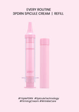 Pink spicule cream refill syringe and cap set on a pale pink background with text reading 'EVERY ROUTINE 3PDRN SPICULE CREAM | REFILL' and hashtag labels at the bottom.