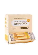 Box of dental chews for pets with visible packaging on a white background