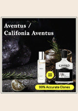 Two Creed perfume bottles on a dark surface with text about clones.