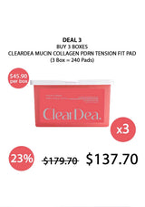 Promotional offer for ClearDea mucin collagen pads with a discount on buying three boxes.