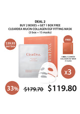 Promotional graphic for ClearDea mucin collagen EGF fitting mask with pricing and deal information.