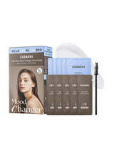 Cosmetics set with 'Mood Changer' packaging and eyebrow products on a white background
