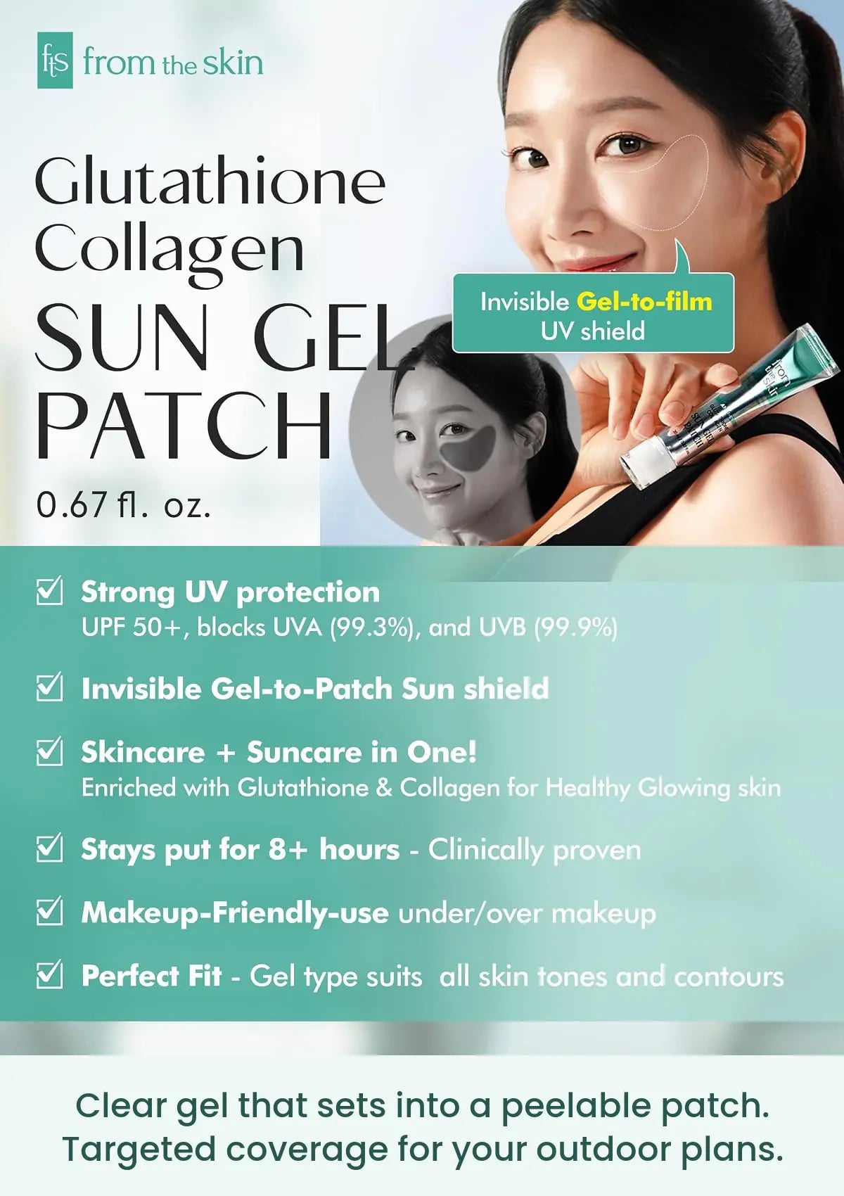 FROM THE SKIN Sun Gel Patch overview showing transparent cheek coverage and key product features
