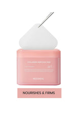 Collagen ampoule pad packaging with a white applicator on a light pink background