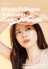 A promotional beauty ad featuring a woman holding a white ampoule near her forehead against a warm beige background. Large white text reads 'ClearDea.