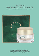 Vely Vely Prestige Collagen Age Cream with packaging on a green background