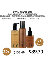 Three skincare products with a promotional bundle deal on a white background