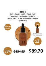 Promotional offer for Molvany Castanea Crenata inner shell pore tightening serum with a free serum included.