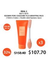 Roomin Pore Cerasome Plus Wrapping Pack with a spatula on a white background, showing a promotional deal.