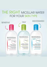 Three Bioderma micellar water bottles in pink, green, and blue caps are shown on a pale blue background with text indicating sensitive, oily, and dehydrated skin types.