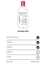 Bioderma Sensibio H2O makeup remover bottle with a pink cap, shown above a feature checklist on a white background.