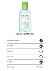 Bioderma Sébium H2O Micellar micellar cleanser bottle with a green cap and light blue liquid, shown above a feature checklist for oily skin.